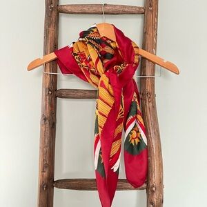 Scarf Square Tassels Medallion Print Burgundy Gold